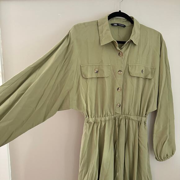 Zara Women's Light Green Long Sleeve Button Front‎ Tie Waist Shirt Dress Size S - Picture 4 of 10